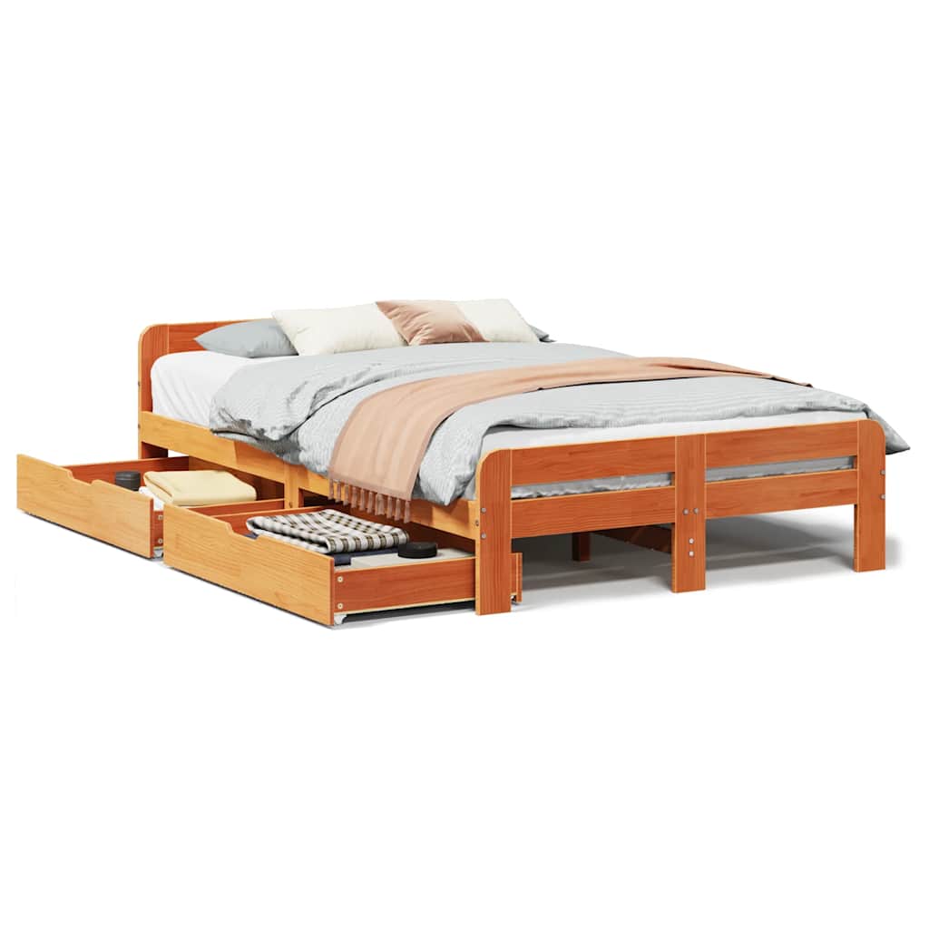 Cadre de lit sans matelas cire marron 135x190cm bois pin massif - XIOS