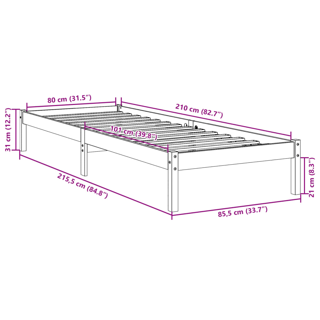 Cadre de lit extra long sans matelas 80x210 cm bois massif pin - XIOS