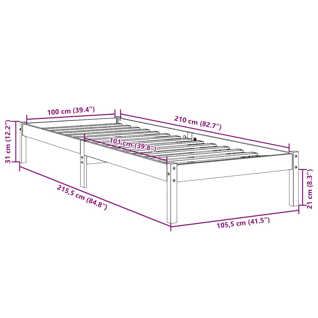 Cadre de lit extra long sans matelas 100x210 cm bois massif pin - XIOS
