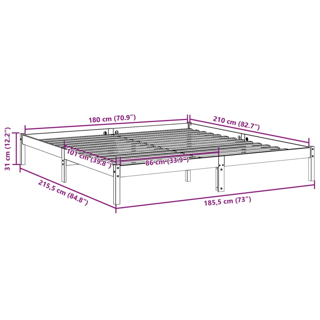 Cadre de lit extra long sans matelas 180x210 cm bois massif pin - XIOS