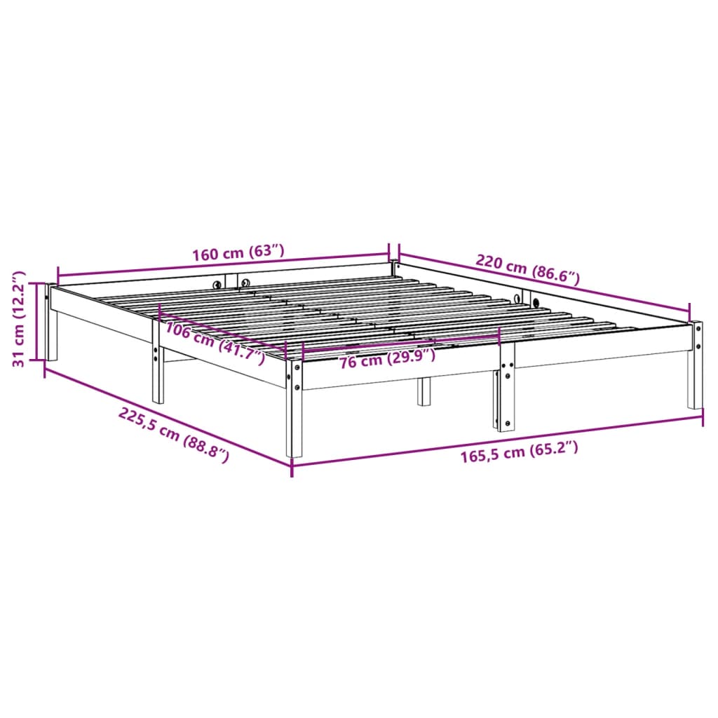 Cadre de lit extra long sans matelas 160x220 cm bois massif pin - XIOS