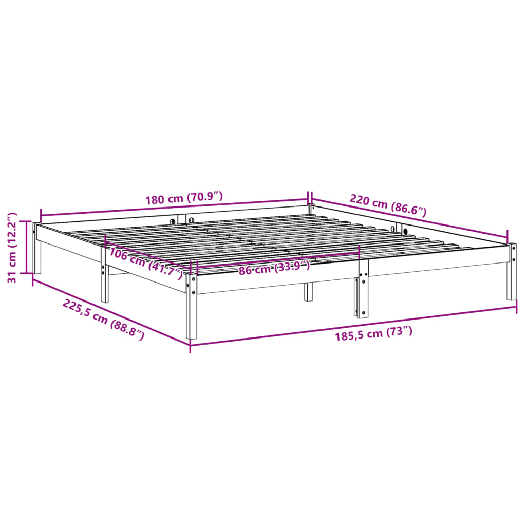 Cadre de lit extra long sans matelas 180x220 cm bois massif pin - XIOS