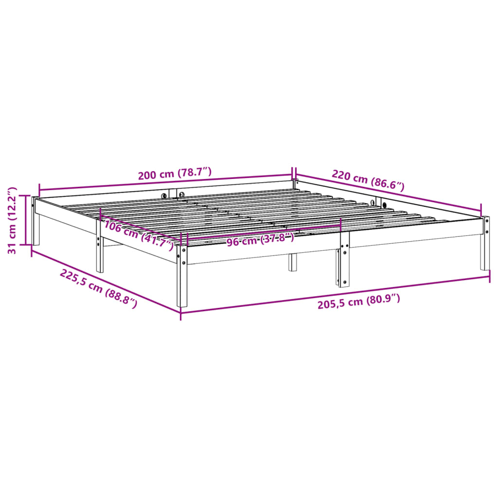 Cadre de lit extra long sans matelas 200x220 cm bois massif pin - XIOS