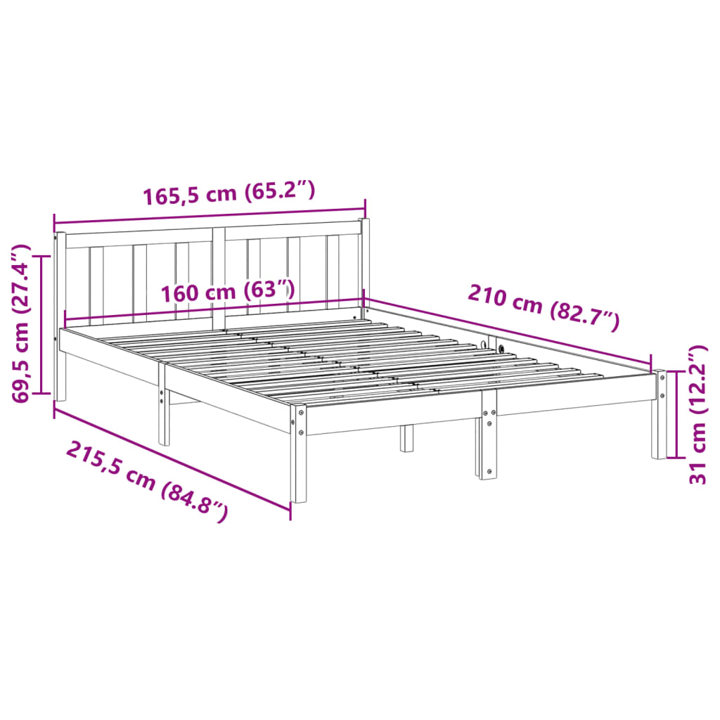 Cadre de lit extra long sans matelas 160x210 cm bois massif pin - XIOS