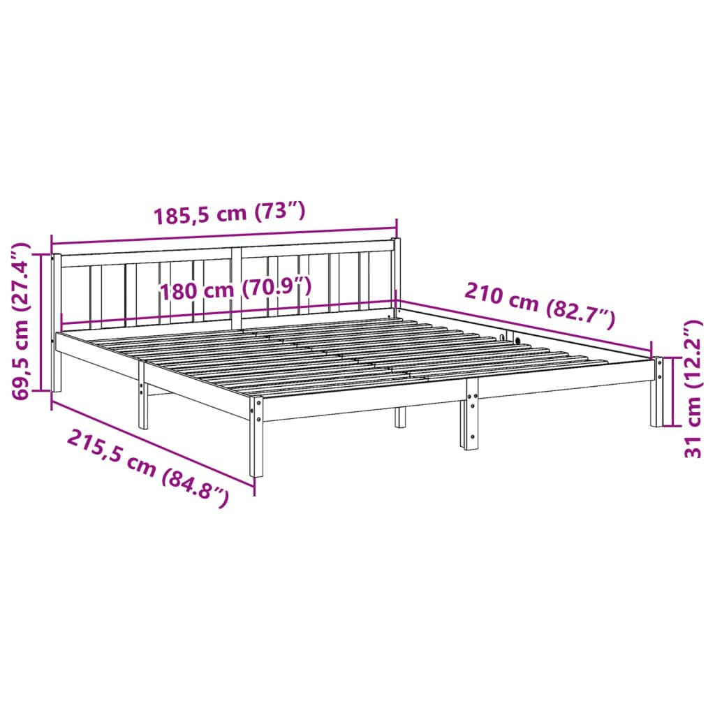 Cadre de lit extra long sans matelas 180x210 cm bois massif pin - XIOS