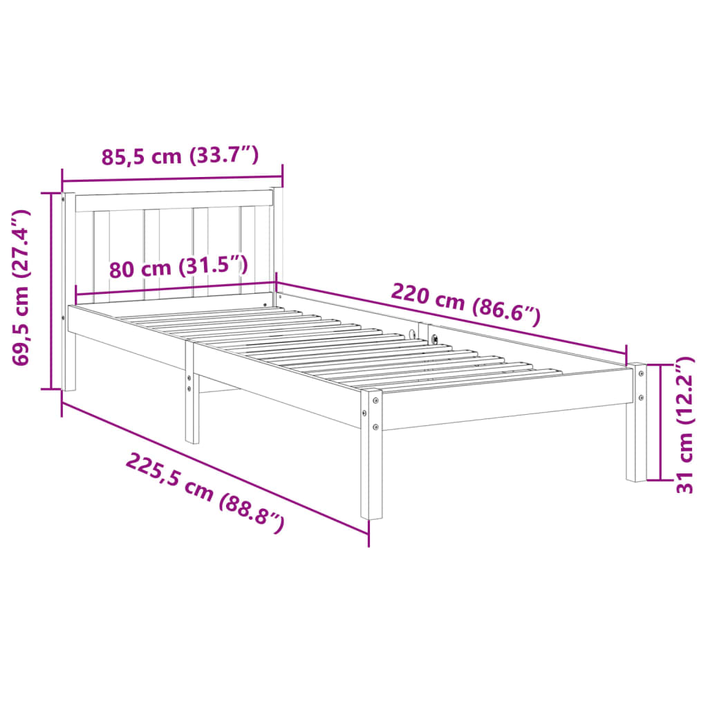 Cadre de lit extra long sans matelas 80x220 cm bois massif pin - XIOS