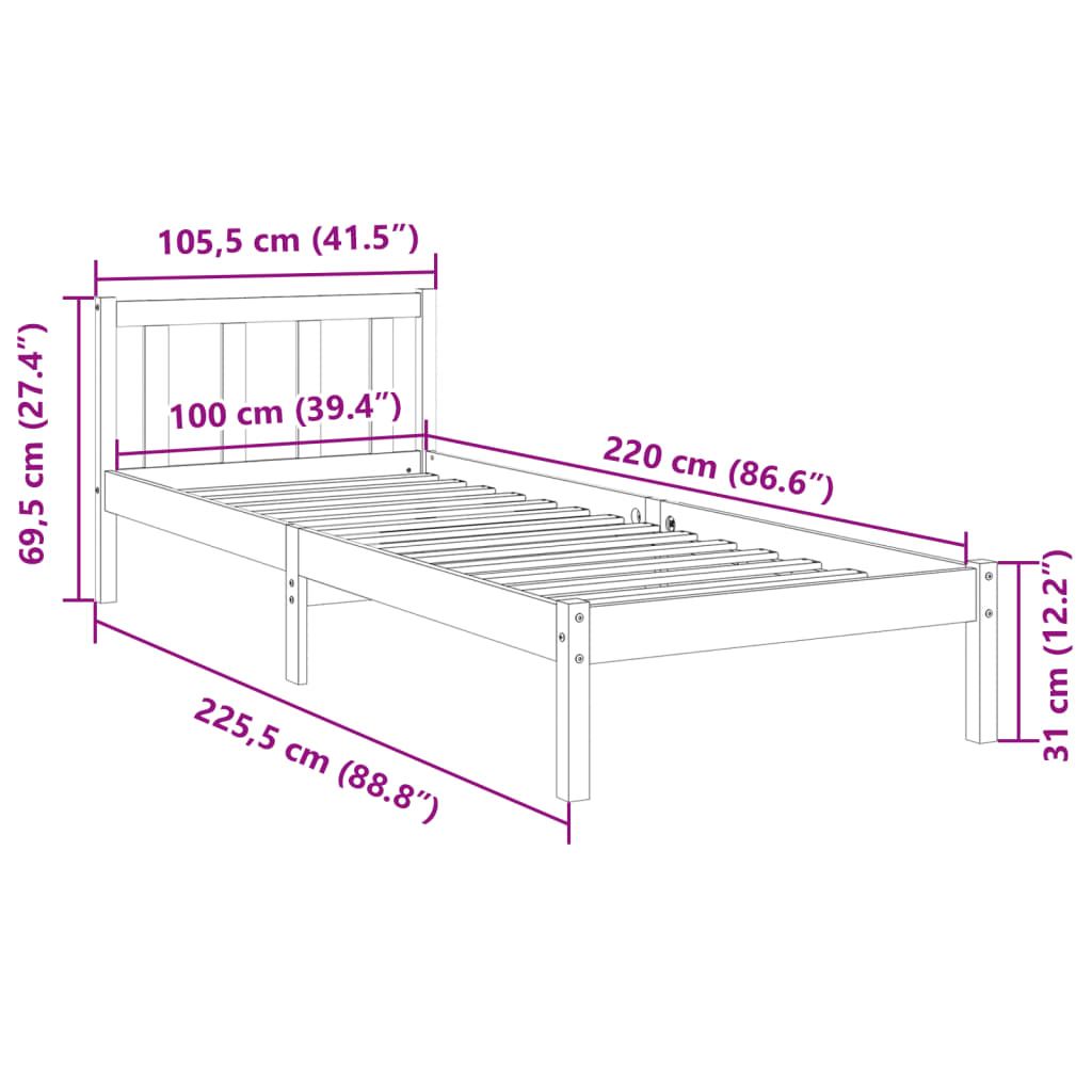Cadre de lit extra long sans matelas 100x220 cm bois massif pin - XIOS