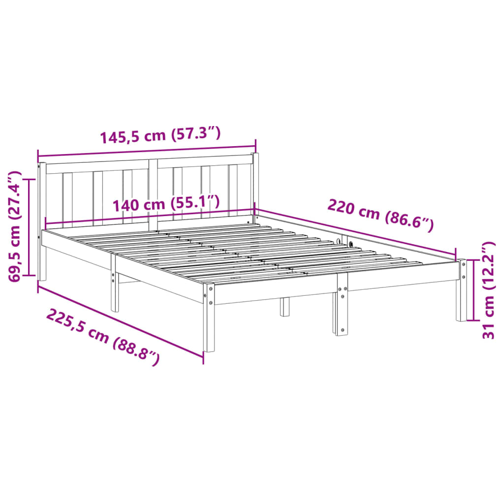 Cadre de lit extra long sans matelas 140x220 cm bois massif pin - XIOS