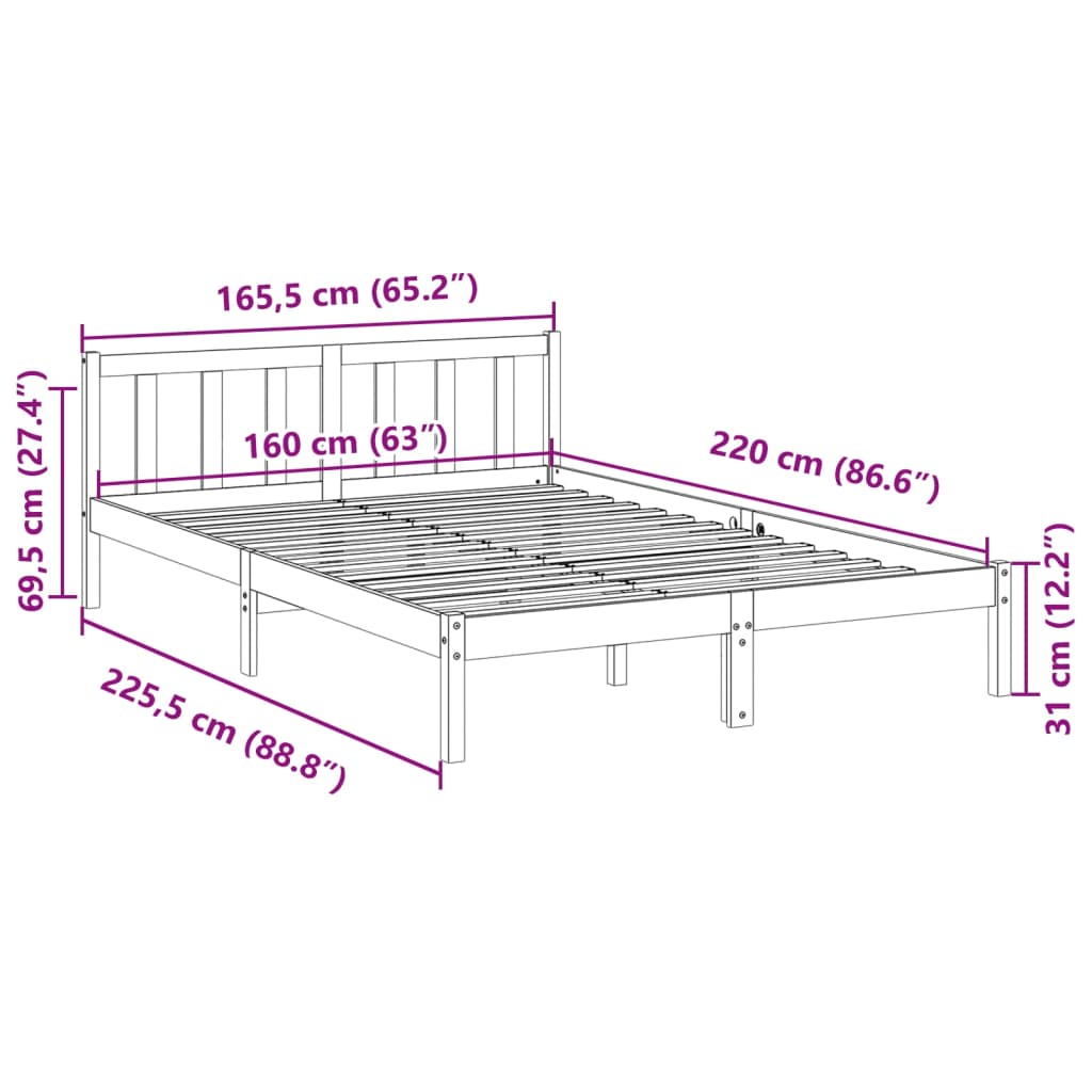 Cadre de lit extra long sans matelas 160x220 cm bois massif pin - XIOS