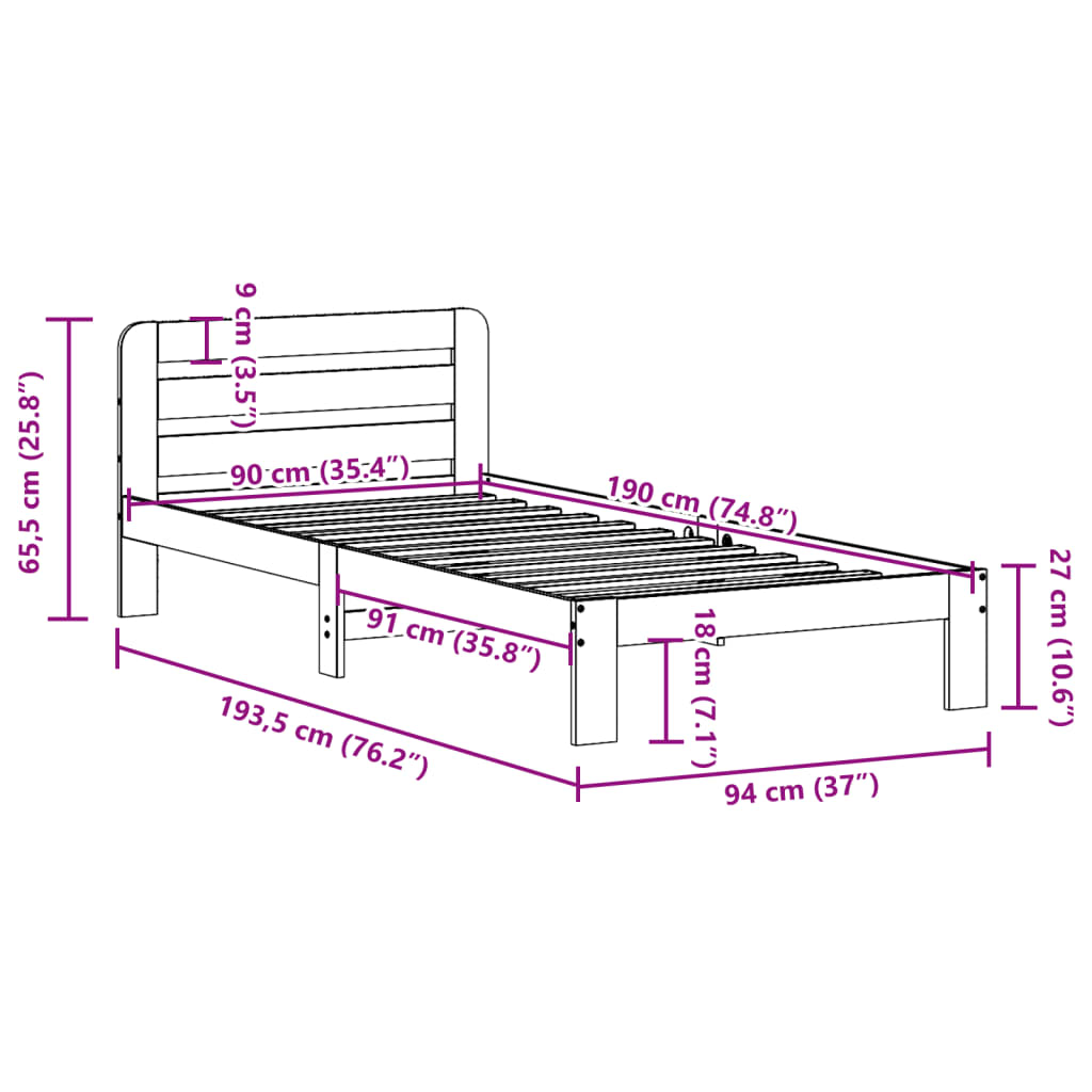 Cadre de lit sans matelas 90x190 cm bois de pin massif - XIOS