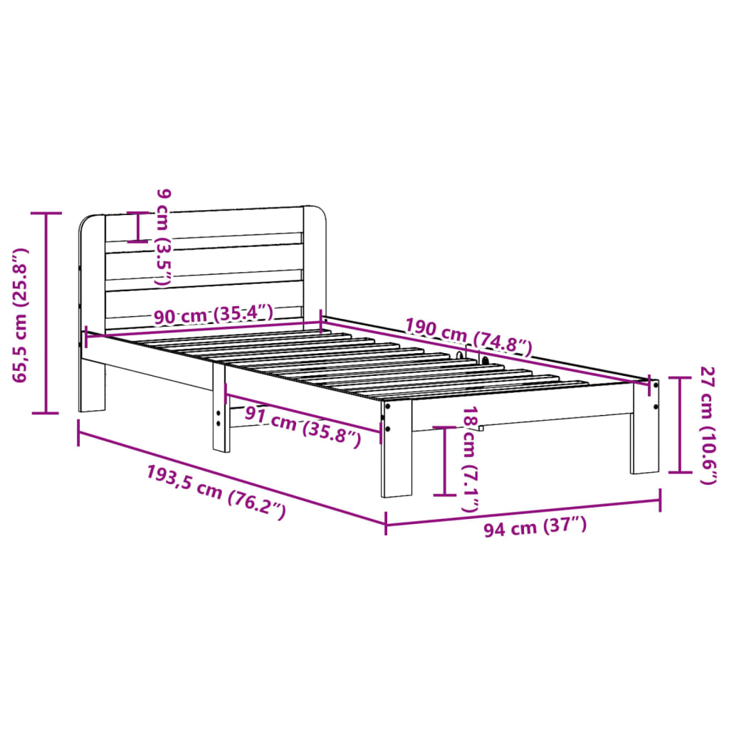 Cadre de lit sans matelas cire marron 90x190 cm bois pin massif - XIOS