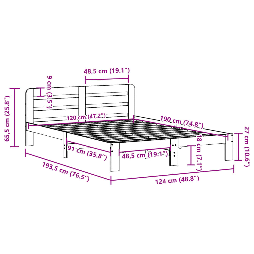 Cadre de lit sans matelas cire marron 120x190cm bois pin massif - XIOS
