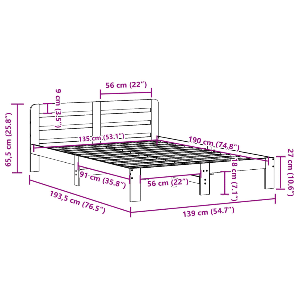 Cadre de lit sans matelas blanc 135x190 cm bois de pin massif - XIOS