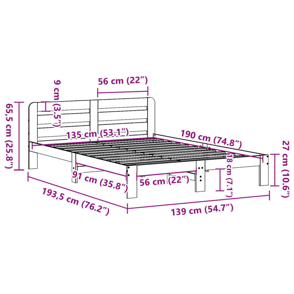 Cadre de lit sans matelas cire marron 135x190cm bois pin massif - XIOS