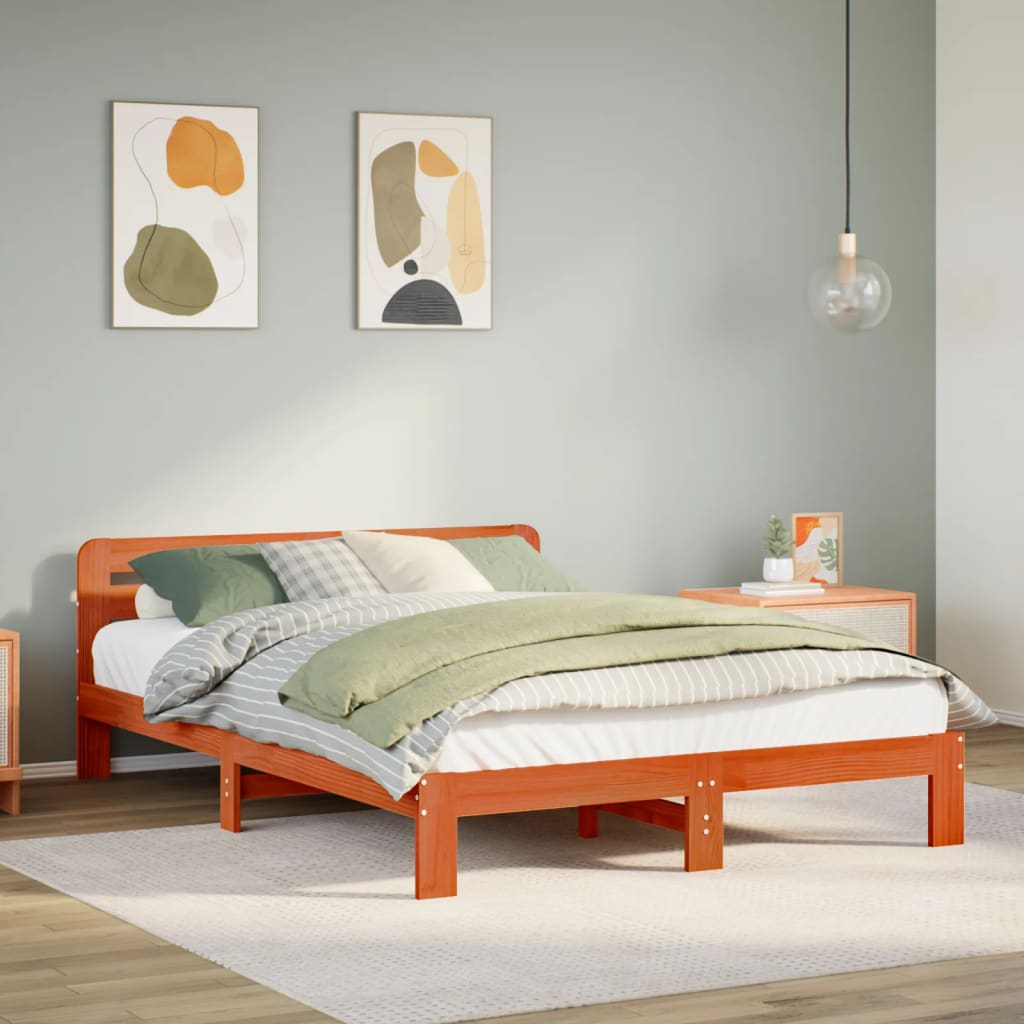 Cadre de lit sans matelas cire marron 135x190cm bois pin massif - XIOS