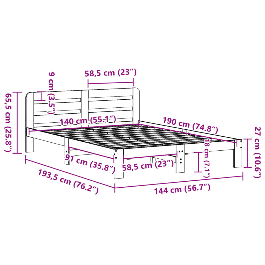 Cadre de lit sans matelas cire marron 140x190cm bois pin massif - XIOS