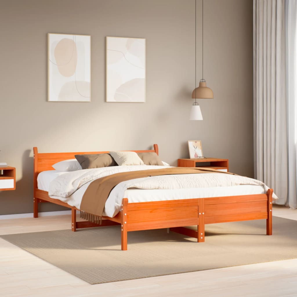 Cadre de lit sans matelas cire marron 135x190cm bois pin massif - XIOS