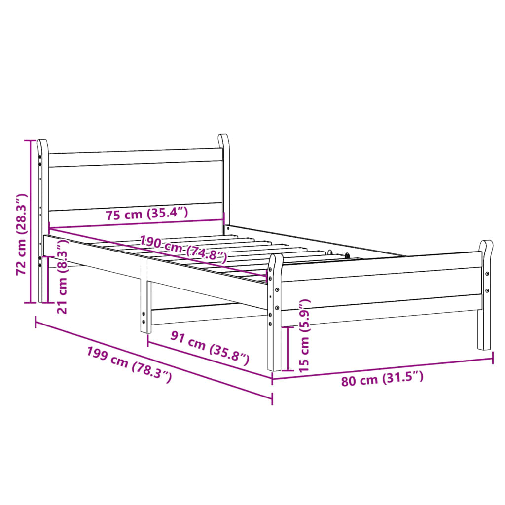Cadre de lit sans matelas 75x190 cm bois de pin massif - XIOS