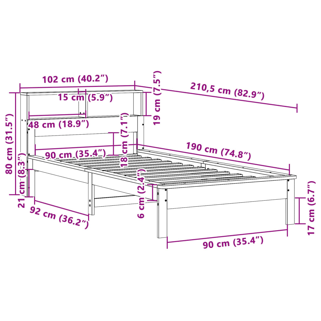 Lit bibliothèque sans matelas cire marron 90x190 cm pin massif - XIOS