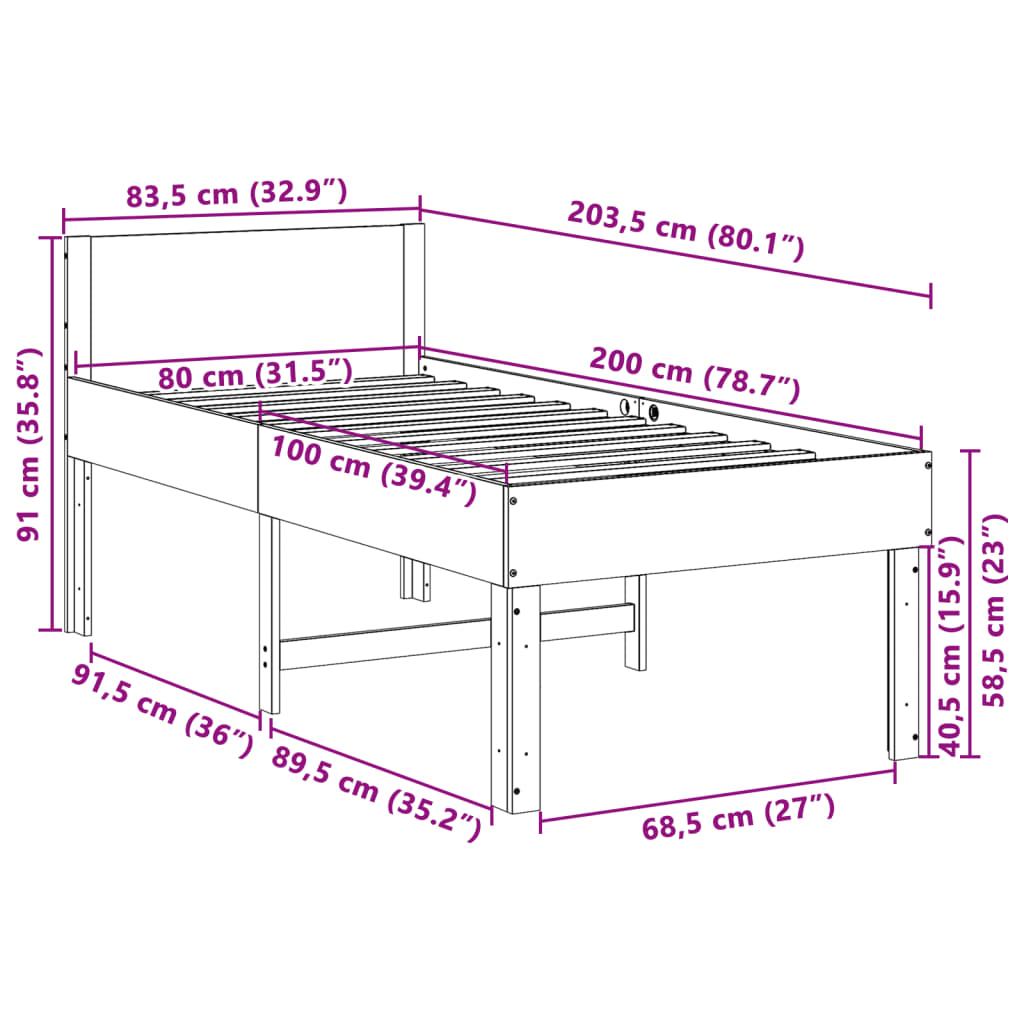 Cadre de lit sans matelas 80x200 cm bois massif de pin - XIOS