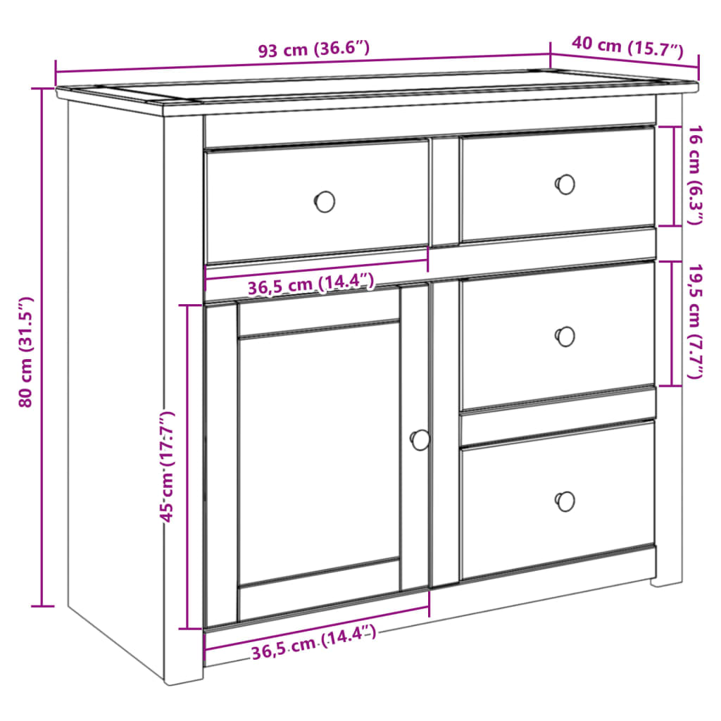 Buffet avec tiroirs Panama 93x40x80 cm bois massif de pin - XIOS