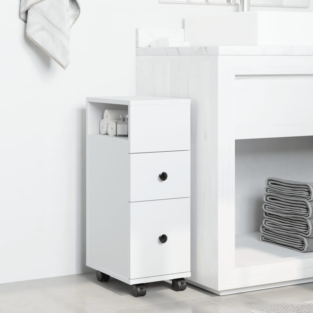 Meuble étroit de salle de bain à roulettes blanc