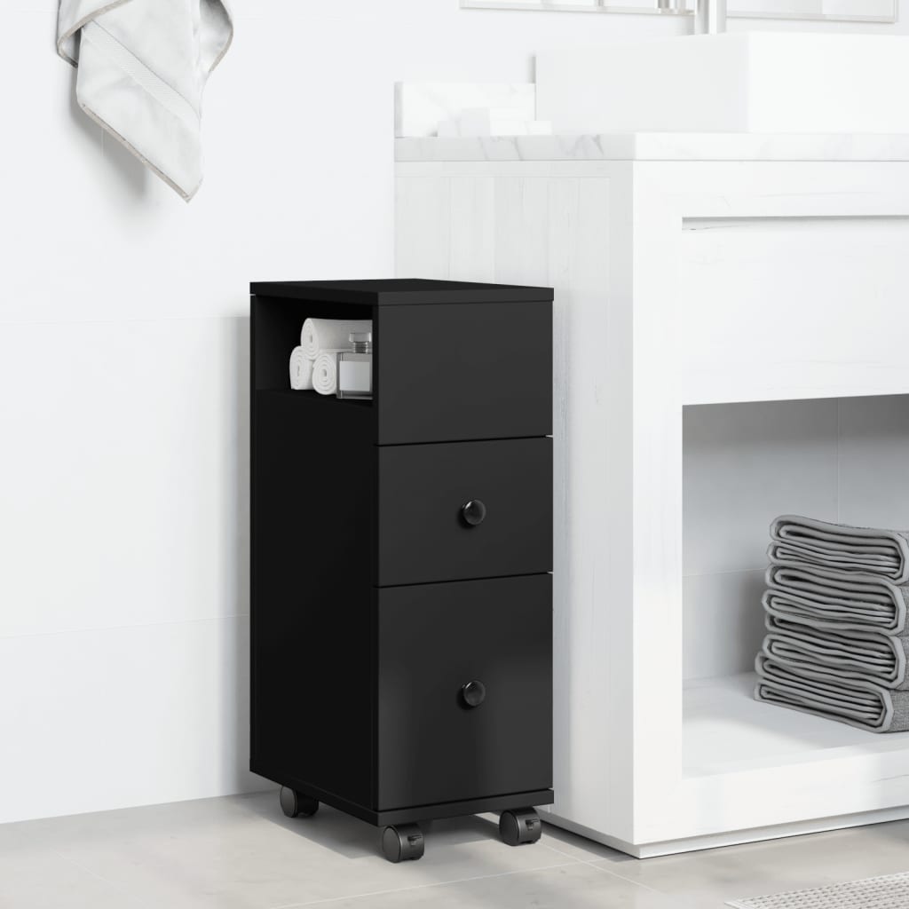 Meuble étroit de salle de bain à roulettes noir
