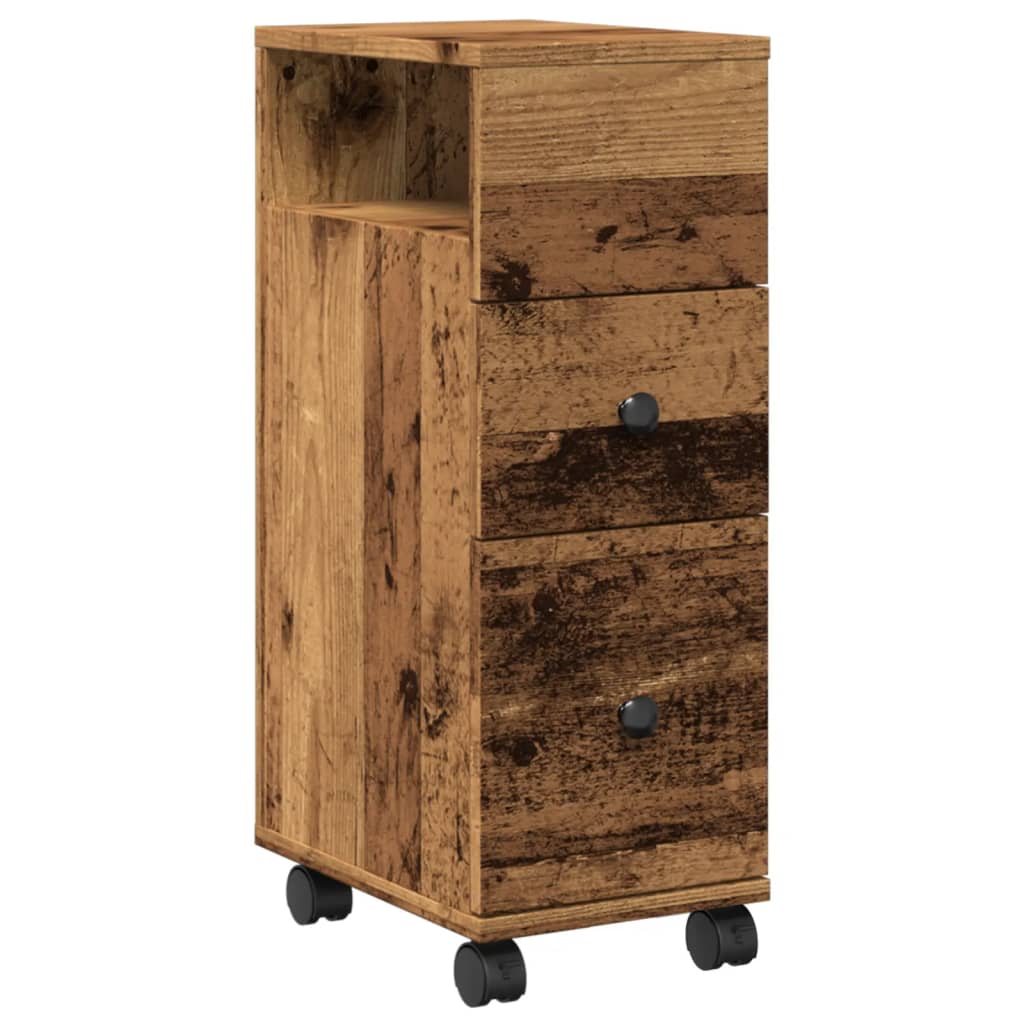 Meuble étroit de salle de bain à roulettes vieux bois