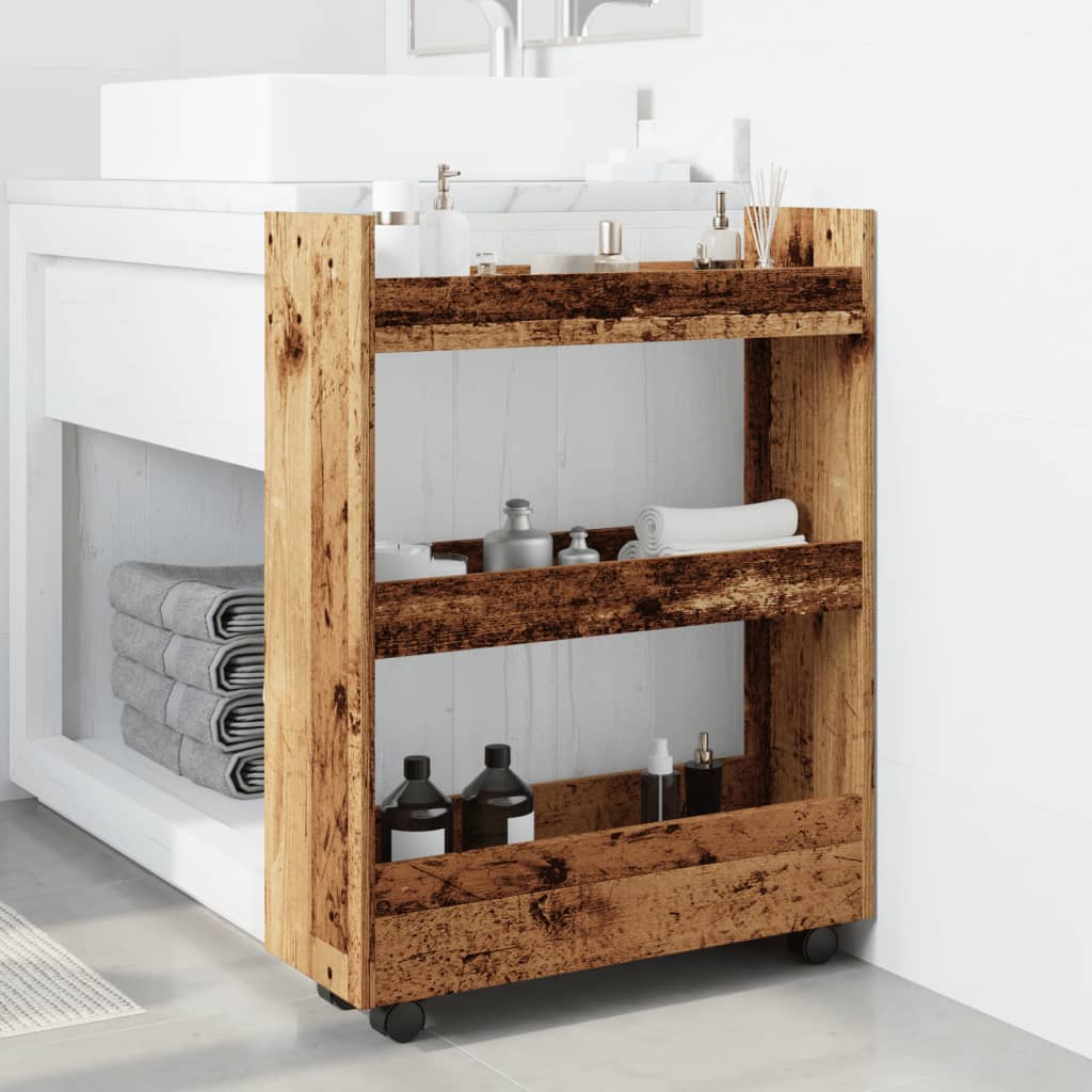 Chariot de rangement étroit 3 niveaux vieux bois - XIOS