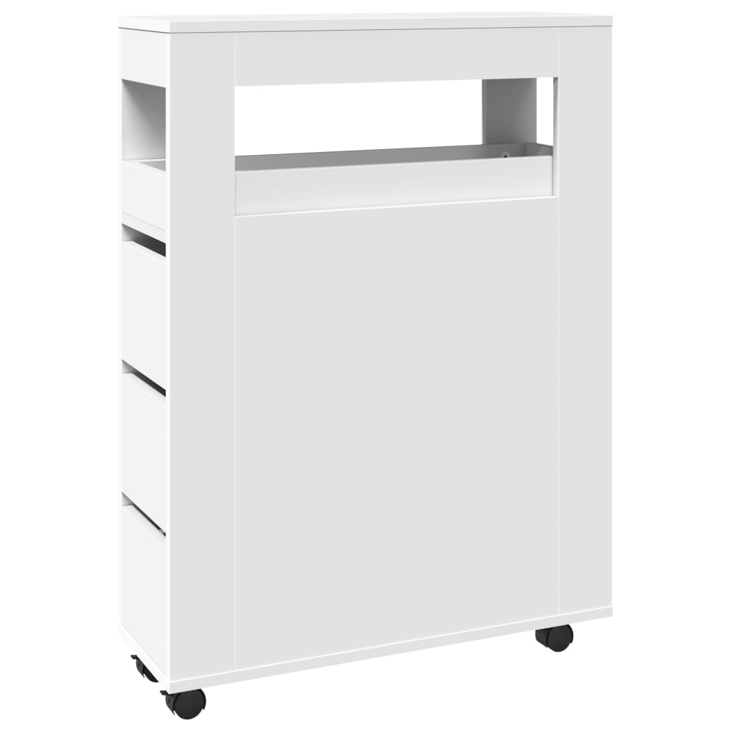 Meuble étroit de salle de bain à roulettes blanc