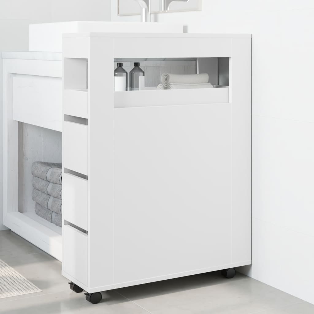 Meuble étroit de salle de bain à roulettes blanc