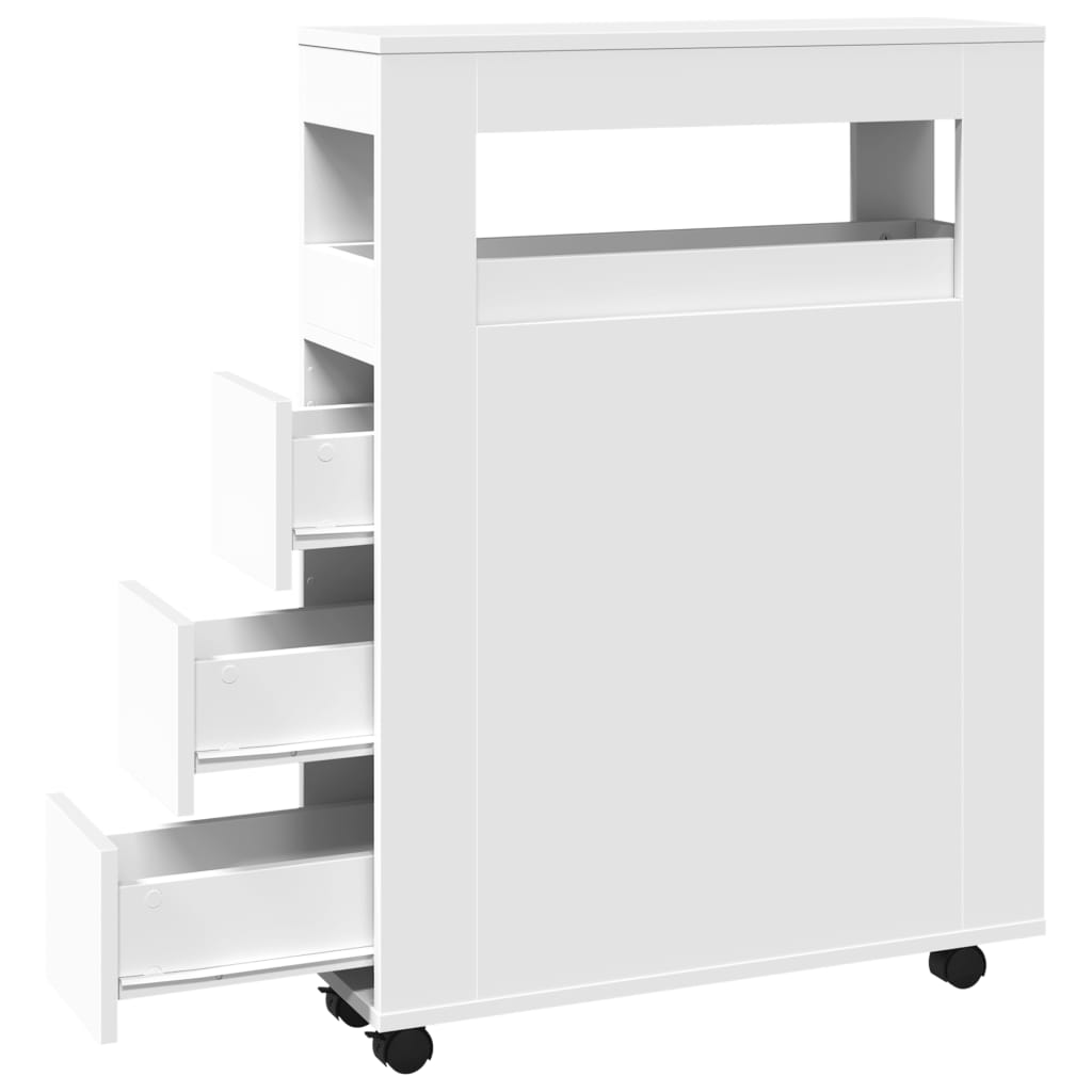 Meuble étroit de salle de bain à roulettes blanc
