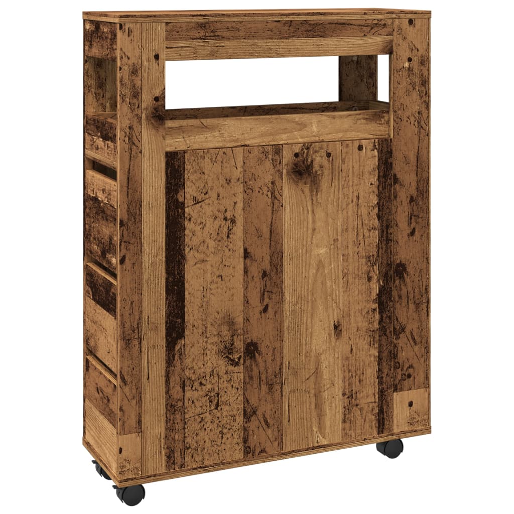 Meuble étroit de salle de bain à roulettes vieux bois