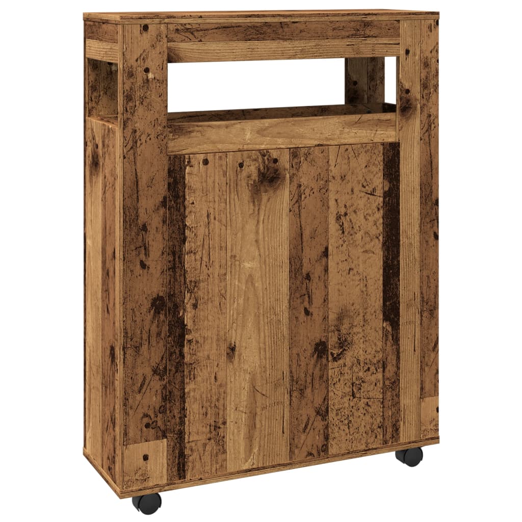 Meuble étroit de salle de bain à roulettes vieux bois