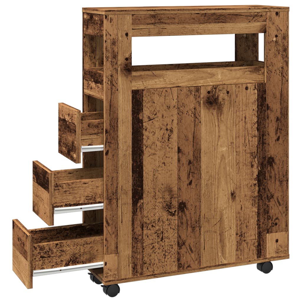 Meuble étroit de salle de bain à roulettes vieux bois