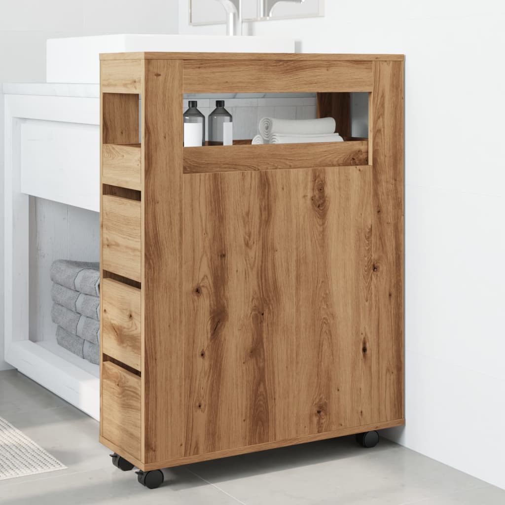 Meuble étroit de salle de bain à roulettes chêne artisanal