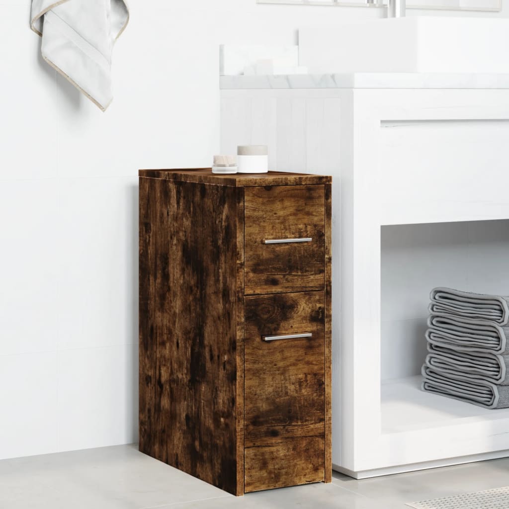 Armoire de salle de bain étroite avec roulettes chêne fumé