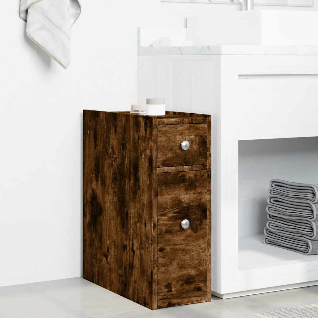 Armoire de salle de bain étroite avec roulettes chêne fumé