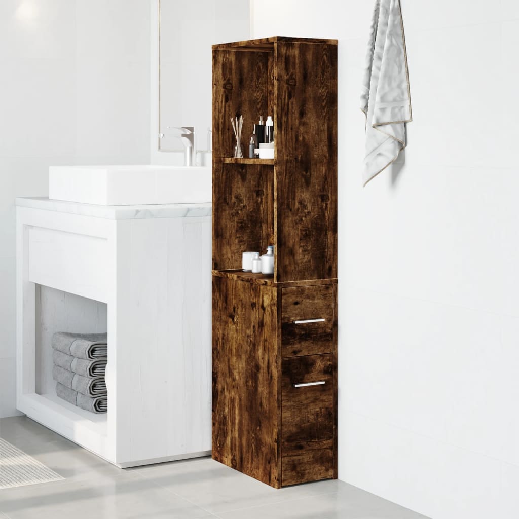 Armoire de salle de bain étroite avec roulettes chêne fumé