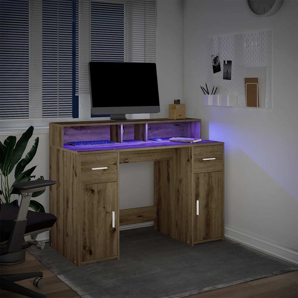 Bureau avec lumières LED chêne artisanal bois d'ingénierie - XIOS