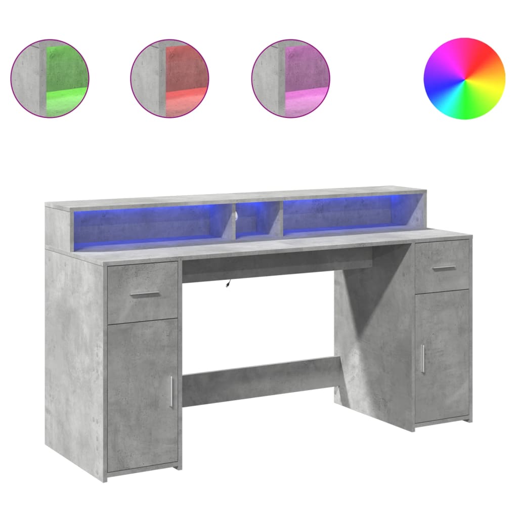 Bureau et lumières LED gris béton 160x55x91cm bois d'ingénierie Bureaux vidaXL