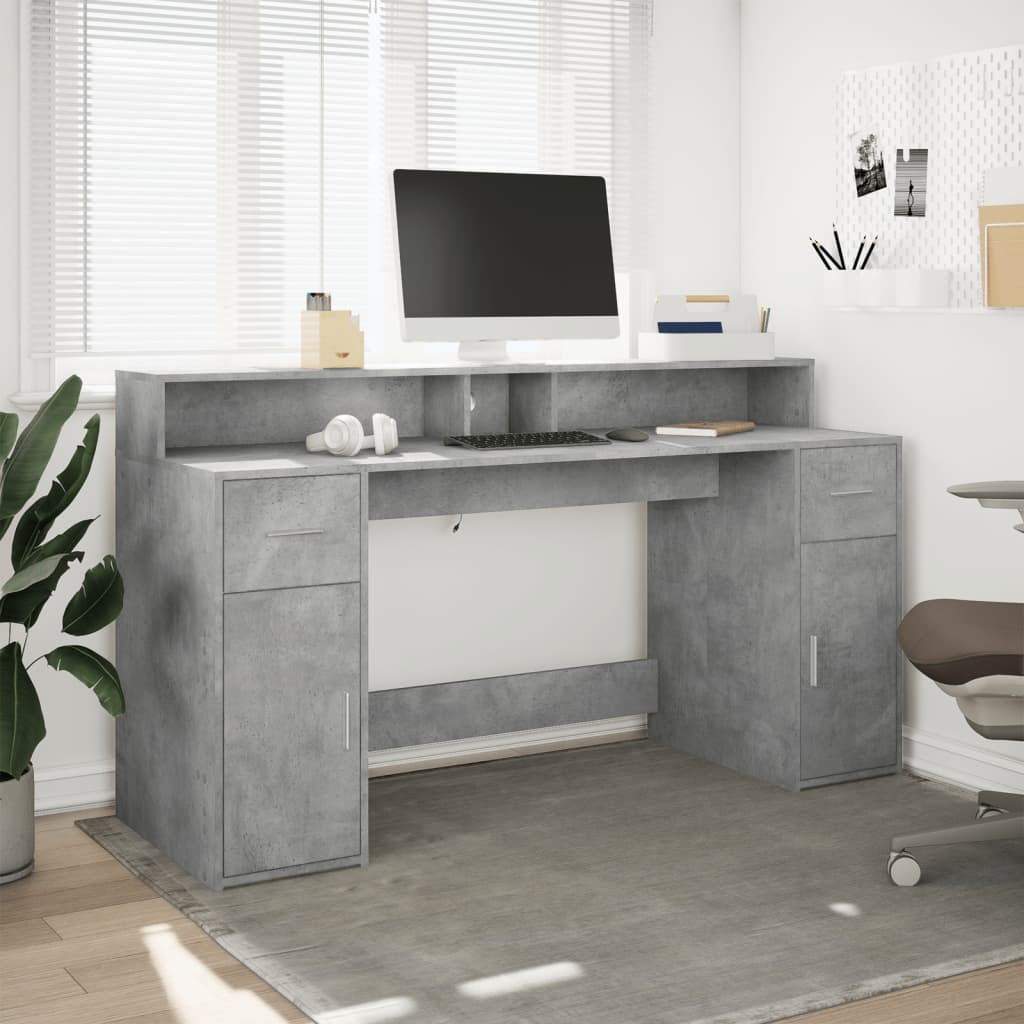 Bureau et lumières LED gris béton 160x55x91cm bois d'ingénierie Bureaux vidaXL