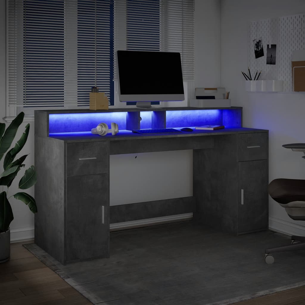Bureau et lumières LED gris béton 160x55x91cm bois d'ingénierie Bureaux vidaXL