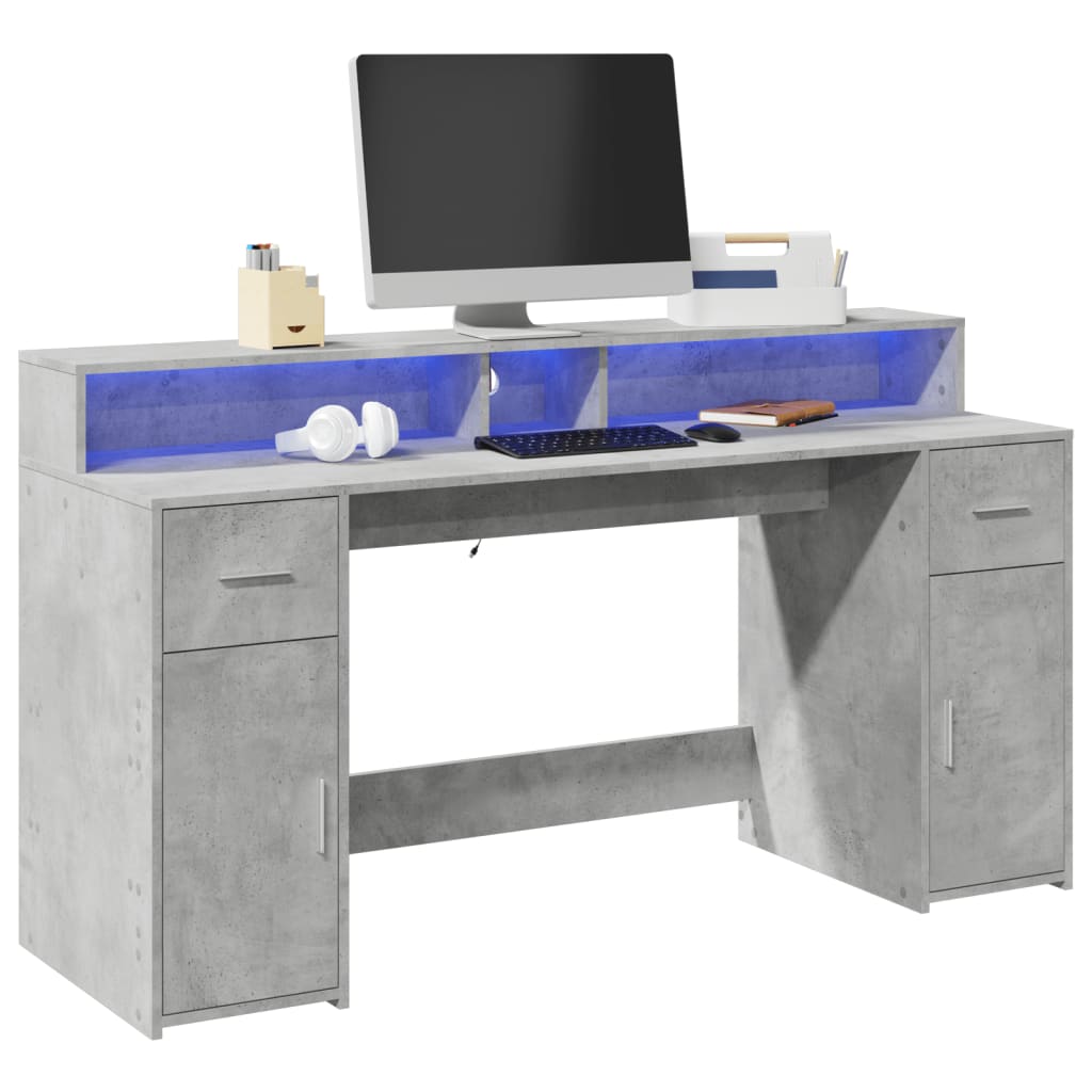 Bureau et lumières LED gris béton 160x55x91cm bois d'ingénierie Bureaux vidaXL