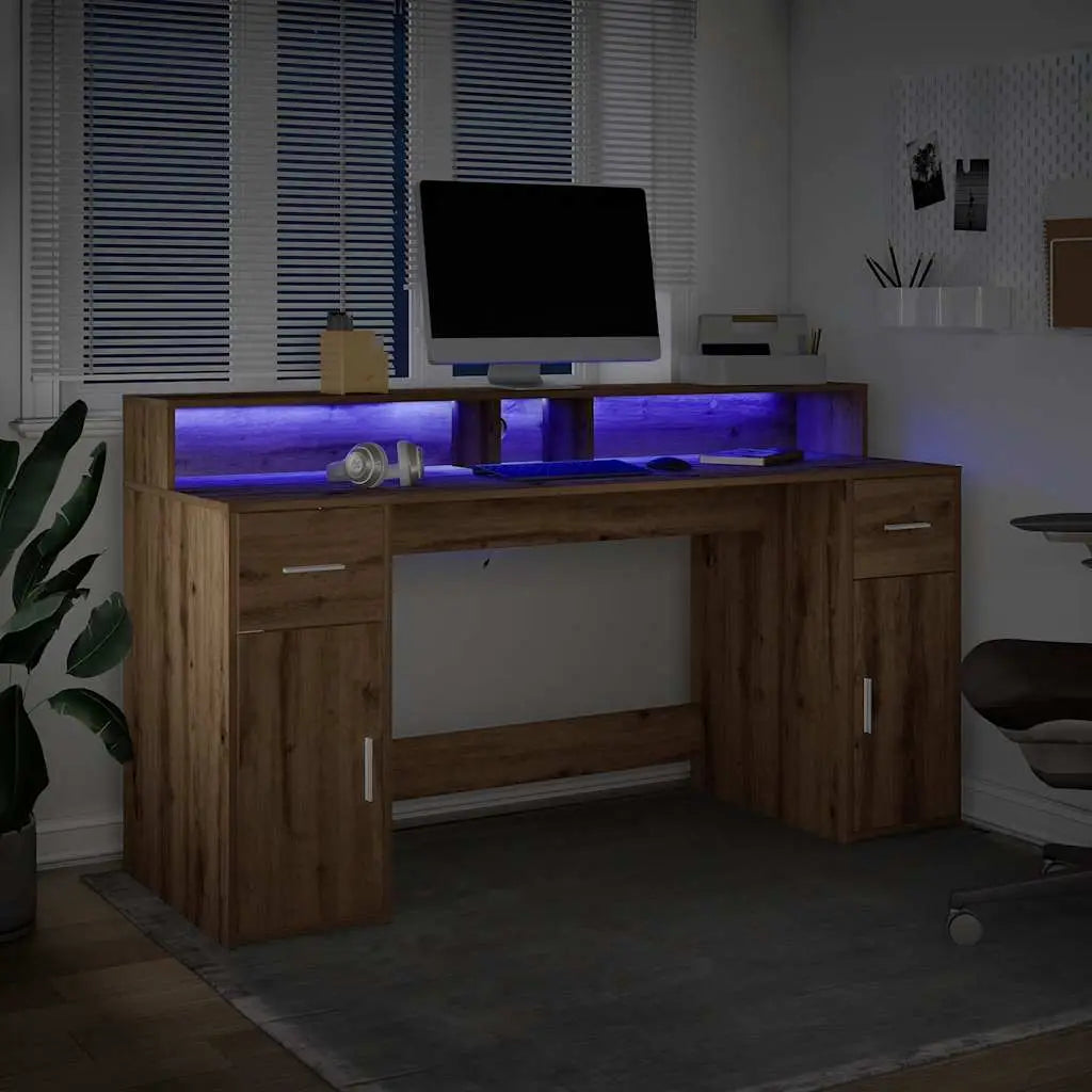 Bureau avec lumières LED chêne artisanal bois d’ingénierie - XIOS