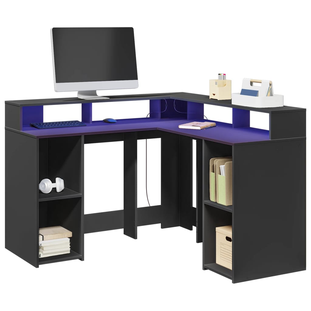 Bureau avec lumières LED noir 130x130x91 cm bois d'ingénierie Bureaux vidaXL