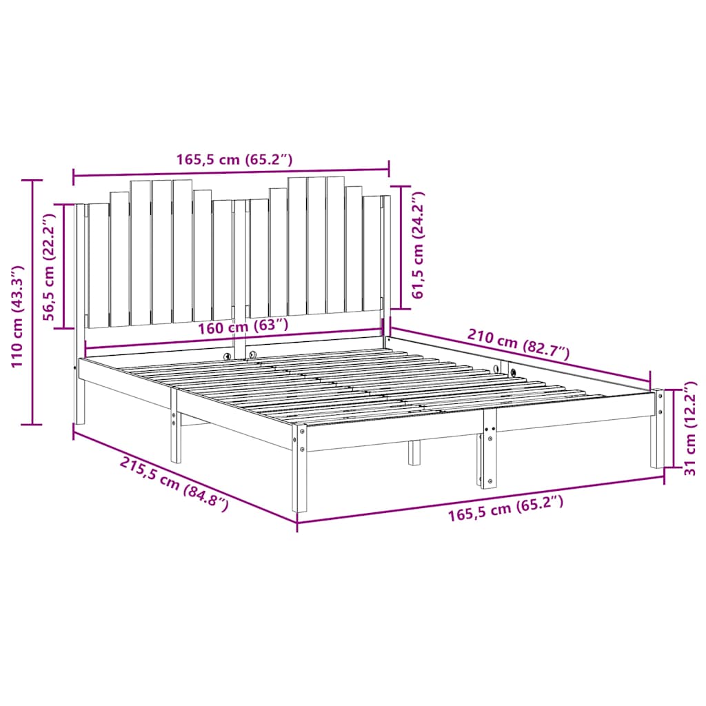 Cadre de lit extra long sans matelas 160x210 cm bois massif