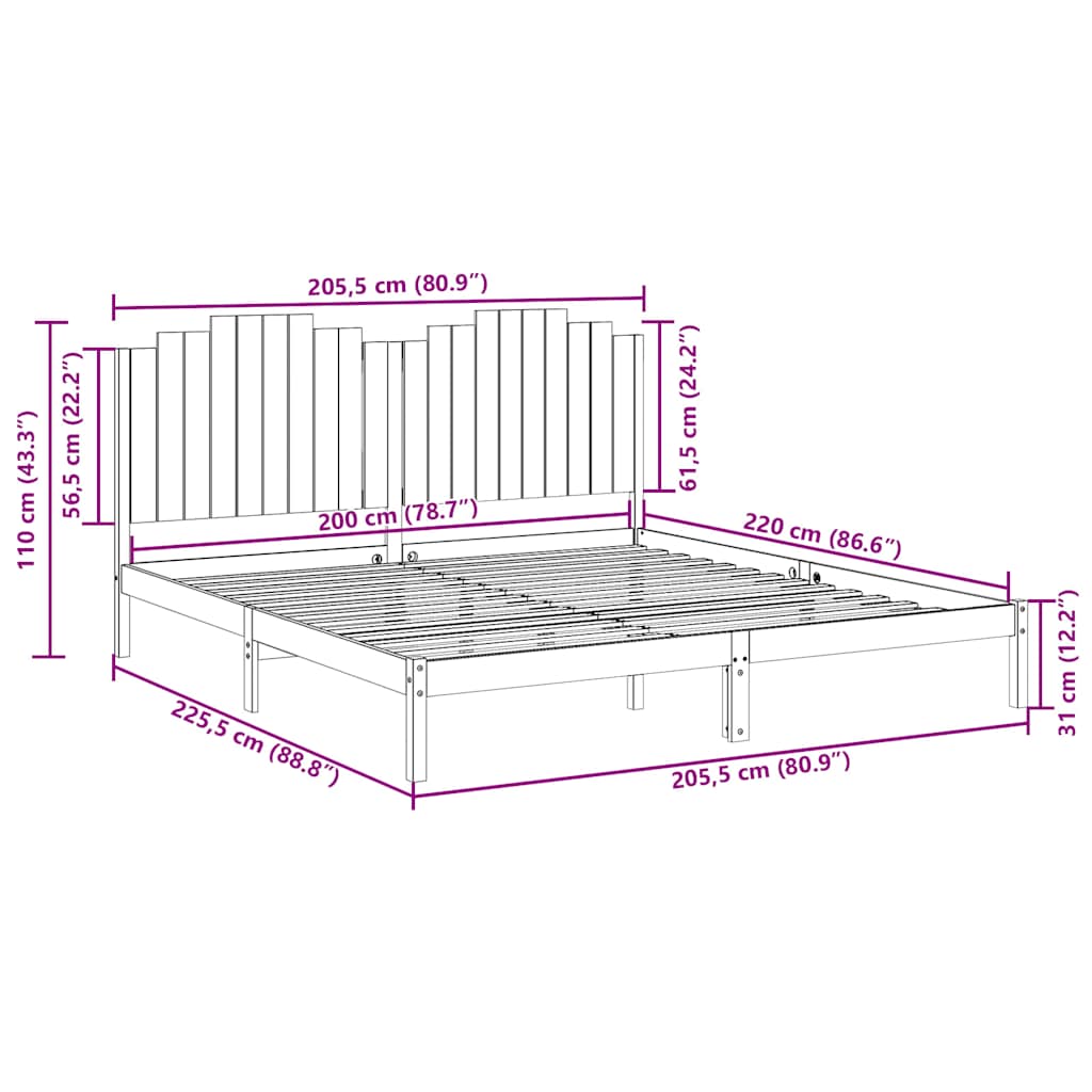Cadre de lit extra long sans matelas 200x220 cm bois massif - XIOS