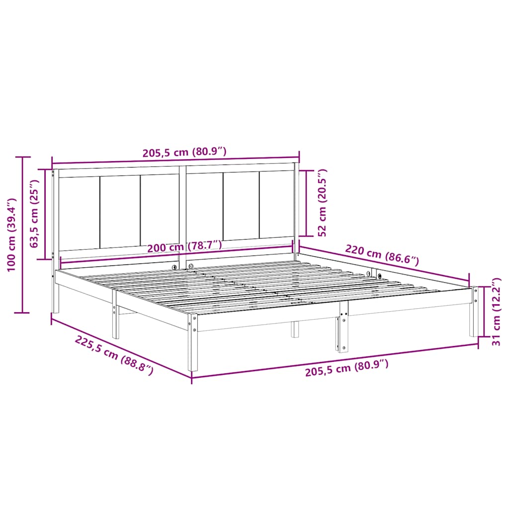 Cadre de lit extra long sans matelas 200x220 cm bois massif - XIOS