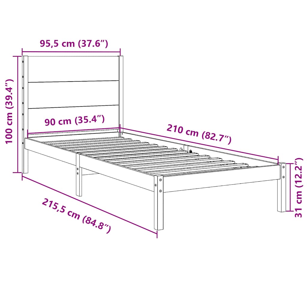 Cadre de lit extra long sans matelas 90x210 cm bois massif - XIOS